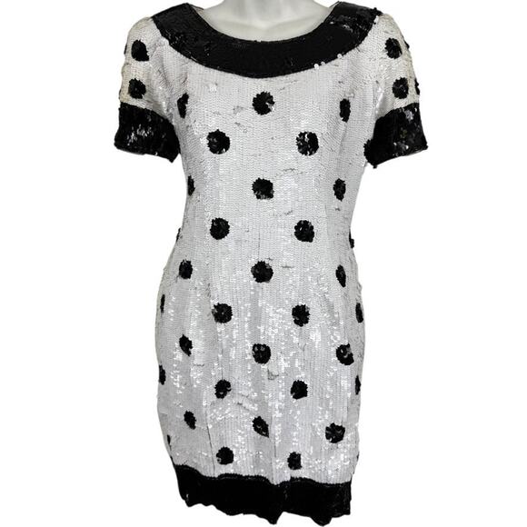 Black Tie Oleg Cassini Vintage 100% Silk Allover Sequin Dots Formal Dress sz 10 - Picture 1 of 16